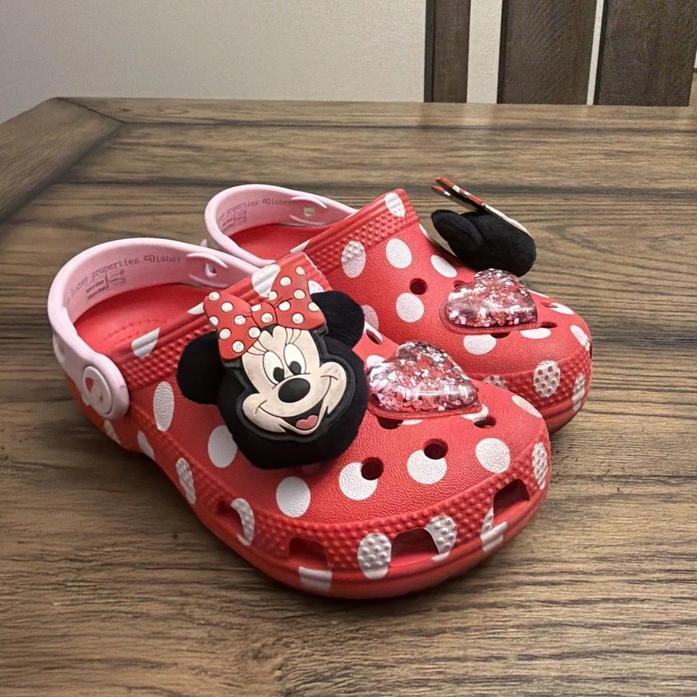 Crocs x Disney Minnie Mouse Clogs Kids Size 10C Red Polka Dot Glitter Hearts .G5